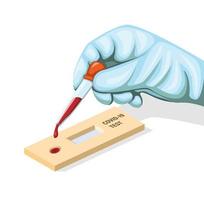 luva de desgaste de mão colocar amostra de sangue no conceito de teste rápido covid-19 em vetor de ilustração de desenho animado isolado no fundo branco