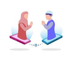 muçulmanos se conectando e se encontrando usando smartphone, saudação e celebração no ramadã. vetor de ilustração plana dos desenhos animados