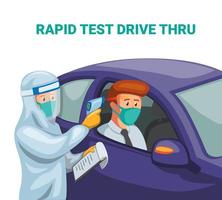 test drive rápido. Cientista usa terno hazmat e protetor facial verificar motorista no carro do conceito de infecção de vírus corona em vetor de ilustração de desenho animado sobre fundo branco