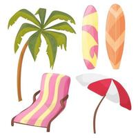 conjunto de ícones de praia - equipamento de desenho animado - espreguiçadeira, palmeira, prancha, guarda-chuva vetor
