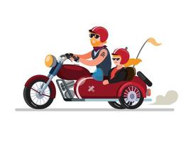 casal homem e mulher andando de moto com sidecar ou sespan modificação em vetor de ilustração plana de desenho animado isolado no fundo branco