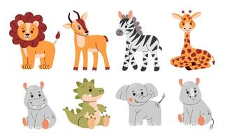 fofa bebê animais definir. ilustração do safári selva animais Incluindo uma leão, antílope, hipopótamo, rinoceronte, zebra, crocodilo, jacaré, elefante, e girafa. vetor