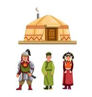 roupas tradicionais da Mongólia e construção de caráter definido em vetor de ilustração de desenho animado