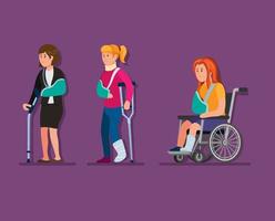 coleção de menina de lesão definida em usar gips, muletas e sentar na cadeira de rodas conceito em desenho animado ilustração vetorial