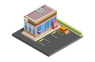 posto de gasolina isométrico, carro, loja de conveniência de estacionamento, ilustração vetorial vetor