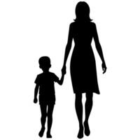 jovem mãe dentro uma moderno equipamento caminhando mão dentro mão com dela criança, lado de lado silhueta vetor