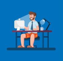 as pessoas trabalham em casa, o homem trabalha remotamente sentado, usar camisa e gravata com whortpant reunião on-line cartoon ilustração vetorial vetor