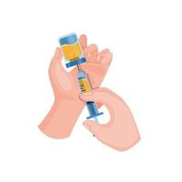 mão segurando uma seringa e vacina para imune à infecção por vírus em vetor de ilustração plana dos desenhos animados isolado no fundo branco