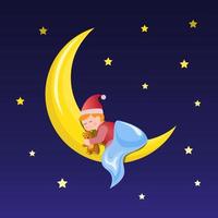 bebê dorme na lua crescente com ilustração vetorial de boneca vetor