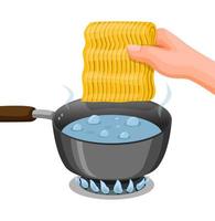mão coloque o macarrão em água fervente na panela. símbolo de instrução de cozinhar macarrão instantâneo vetor
