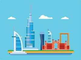 cidade de dubai nos emirados árabes unidos com monumentos famosos em vetor de ilustração plana