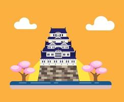 castelo tradicional japonês com árvore de sakura e conceito de fundo por do sol em vetor editável de ilustração de estilo simples