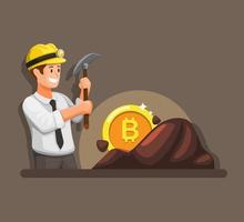 bitcoin de mineração de empresário, conceito de negócio financeiro de criptomoeda em vetor de ilustração de desenho animado