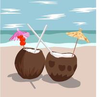 cocos coquetel com palhas e uma pequeno guarda-chuva em a de praia vetor