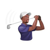 personagem de atleta de golfe homem, pele escura homem jogando e swing stick golfe em vetor de ilustração de desenho animado isolado no fundo branco