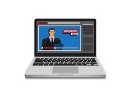 streaming de vídeo de notícias de última hora on-line no conceito de laptop em vetor de ilustração de desenhos animados