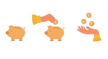 conjunto do ilustrações com mão colocando moeda para dentro porquinho banco. vôo ouro moeda acima a mão vetor
