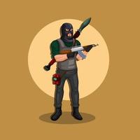 terrorista usa máscara totalmente armada com arma, lançador de foguetes e bomba. ilustração de personagem de conceito em vetor de desenho animado