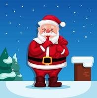 Papai Noel na neve da chaminé do telhado quer entregar uma caixa de presente para crianças no vetor de ilustração de natal