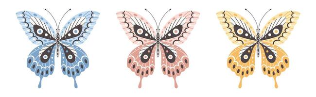 conjunto do borboletas, ilustração. mosca inseto asas com abstrato ornamento, frente visualizar, uma símbolo para tatuagem Projeto. verão fundo vetor