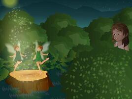 uma menina relógios dançando fadas dentro a floresta às noite. ilustração para uma fada conto. vetor