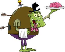 verde zumbi monstro garçom desenho animado personagem servindo uma bandeja do cérebro vetor