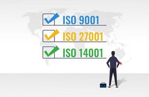 internacional organização para estandardização conceito, iso 9001 para qualidade gerenciamento, iso 27001 para segurança gestão e iso 14001 para de Meio Ambiente gestão vetor