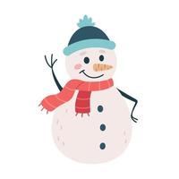 boneco de neve com chapéu e lenço acenando a mão. elemento de natal e ano novo vetor