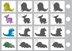 jogo de correspondência de sombras com dinossauro de desenho animado para crianças vetor