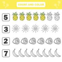 jogo de contagem e cor para crianças em idade pré-escolar - itens e frutas de verão vetor