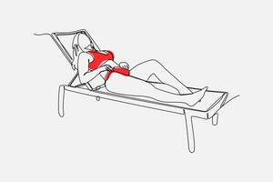 sexy mulher relaxante e deitado em salão cadeira, de praia cadeira, banho de sol. editável AVC. contínuo 1 linha desenhando isolado gráfico ilustração. vetor