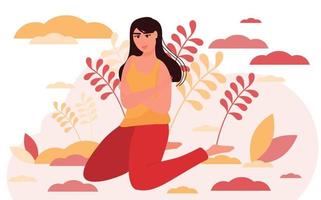 corpo positivo, conceito de amor próprio. mulher feliz plus size sorrindo e se abraçando. autoconfiança e felicidade com qualquer figura. ilustração vetorial vetor