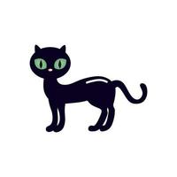 um gato preto com grandes olhos verdes isolados em um fundo branco. desenho de um gato bonito para o halloween. magia e feitiçaria. projeto de férias, cartões, convites. ilustração dos desenhos animados do vetor. vetor