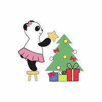 linda garota panda com um arco e saia veste uma árvore de Natal. ilustração plana dos desenhos animados das crianças. adesivo para laptop, rede social, um elemento para design de cartão postal. ano novo e natal. vetor