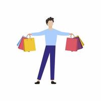 um homem está segurando sacolas de compras de um supermercado. o conceito de descontos, promoções e ofertas favoráveis. vetor