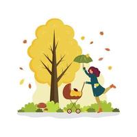 uma mulher caminha com um carrinho e um guarda-chuva perto de uma árvore no outono. ilustração plana dos desenhos animados do vetor. vetor
