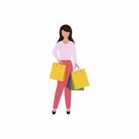 uma garota em um estilo simples representa e segura sacolas de compras. ir ao supermercado para fazer compras. ilustração dos desenhos animados do vetor para um banner publicitário.