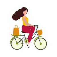 uma linda garota vai de bicicleta até a loja para fazer compras. o conceito de um estilo de vida saudável, ciclismo, esportes. a entrega de comida. ilustração plana de desenho vetorial vetor