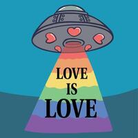 UFO enviando lgbt arco Iris luz dizendo amor é amar. orgulho mês adesivo, cartão, bandeira vetor