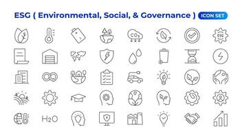 esg ícone definir, ambiental, social, e governança linha ícone. esg esboço ícones com editável acidente vascular encefálico coleção. inclui sustentabilidade, solar painel, reciclando, verde cidade ilustrações.. vetor