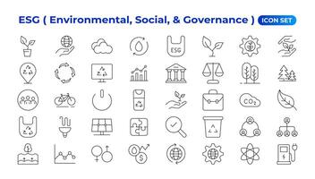 esg ícone definir, ambiental, social, e governança linha ícone. esg esboço ícones com editável acidente vascular encefálico coleção. inclui sustentabilidade, solar painel, reciclando, verde cidade ilustrações.. vetor