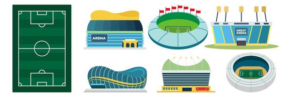 futebol ou futebol jogos estádio campeonato ventilador definir. equipe camiseta, lenço, assobiar, bola, meta, torneio xícara, espuma mão, trompete, chapéu. concorrência Combine atributos plano ilustração. vetor