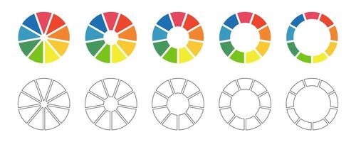 rosquinha gráficos definir, tortas segmentado em 9 igual peças. diagramas infográfico multicolorido coleção. rodas dividido dentro nove Seções. círculo seção gráfico. torta gráfico volta ícones. Carregando bar. vetor