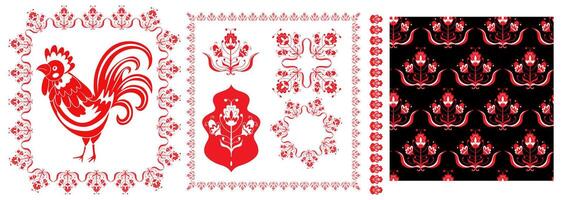 polonês folk arte desatado bordado padronizar com flor. vermelho floral bordado enfeite com galos - tradicional folk desatado padronizar. conjunto vetor