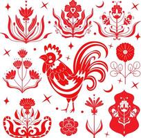 polonês folk arte coleção bordado flor. vermelho floral bordado enfeite com galos, tradicional folk padronizar. conjunto vetor