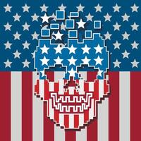 pixel crânio com americano bandeira, grunge.vintage Projeto Camisetas vetor