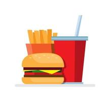 fast food, hambúrgueres fritas e refrigerantes, menu definir ícone de comida símbolo ilustração plana eps 10 vetor editável