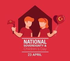 dia da soberania nacional com um menino e uma menina segurando a decoração da bandeira e do balão na ilustração plana dos desenhos animados em fundo vermelho vetor