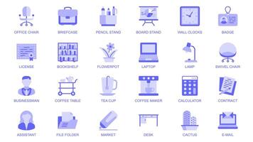 o negócio área de trabalho rede ícones conjunto dentro duotônico plano Projeto. pacote pictogramas com escritório cadeira, pasta, lápis ficar em pé, parede relógios, licença, estante, vaso de flores, computador portátil, outro. ilustração. vetor