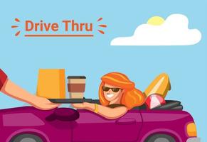 mulher tomar o pedido no drive thru restorant com o carro dirigindo nas férias de verão em vetor de ilustração de desenhos animados